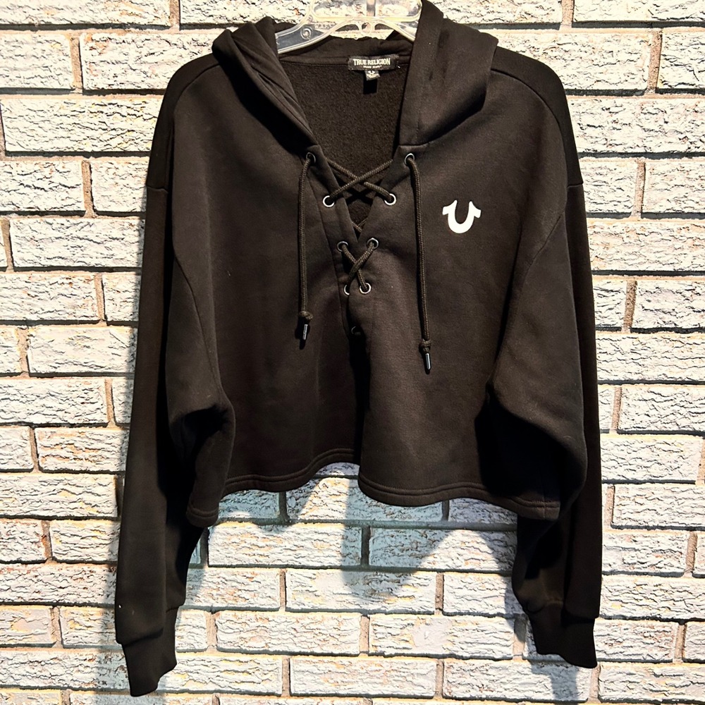 True Religion Womens Black Lace Up Cropped Hoodie Logo Graphic Sweatshirt 2XL